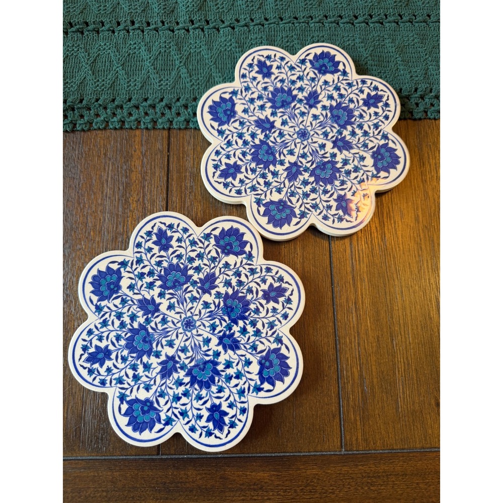 Turkish Ceramic Floral Trivet Set 2 Blue White Scalloped Hot Plate 6.5"